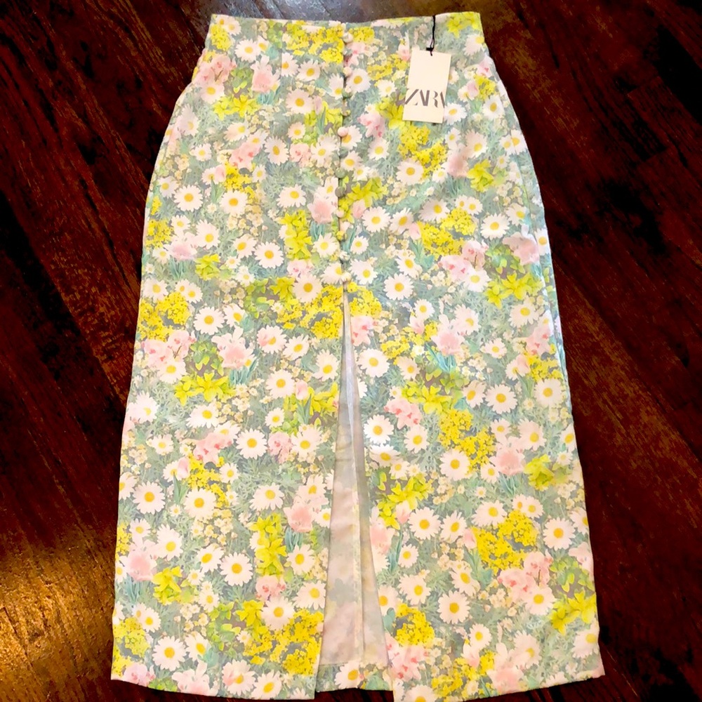 Zara Floral Midi Skirt in Yellow, Pink & White